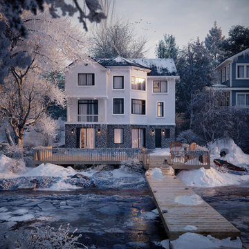 Atmospheric 3D exterior rendering of a luxury house near the lake