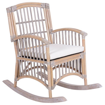 Bohemian Farmhouse Woven Rattan/Wood Rocking Chair, White Cushion, Brown Frame, Gray
