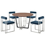Armen Living - Joana Anastasia Brushed Steel and Blue Fabric Walnut Dining Table 5-Piece Set - Make a modern and sophisticated statement with our Joana Anastasia 5 Piece Dining Set by Armen Living. This set includes 1 Joana Round Walnut Dining Table with a mixed metal base and 4 Anastasia Dining Chairs in Fabric and Metal. The crisp lines and a compelling blend of materials and finishes bring eye-catching charm and elegance to this dining set. The round tabletop features a classic walnut veneer to showcase the rich finish and natural textures of the wood. The 48" round tabletop rests upon a clean-line, geometric base to offer a sleek and modern design. Our dining table can serve as a stunning companion to the striking and stylish Anastasia dining chairs. A cylindrical cushion is beautifully balanced upon its airy frame to offer comfortable back support. Its cushioned backrest and padded seat showcase a neat channeling detail that provides texture for a chic and inviting look. The Anastasia chair is upholstered in performance fabric to offer easy care and maintenance. Altogether this dining set serves as a fashionable and versatile fit to your kitchen, dining, or living space. This dining set features high-quality materials and craftsmanship to create a sturdy foundation for dinners, conversations, and activities. The Joana Anastasia 5 Piece Round Walnut Dining Table Set is available in matching finishes and a variety of colors, or sold separately to achieve any look you desire.