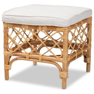 Baxton Studio Orchard White Fabric Upholstered and Brown Rattan Ottoman