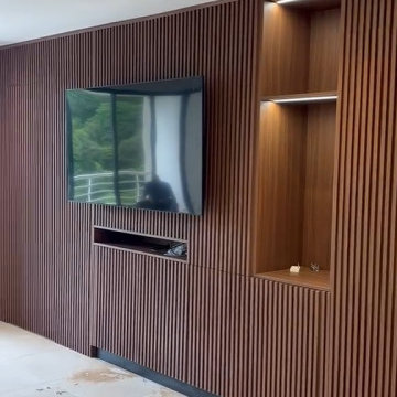 Walnut Fluted TV Accent Wall with Recessed Lighting Niches