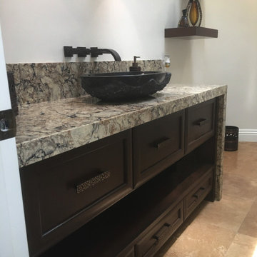 Custom handcrafted wood bathroom vanity dark wood stain, floating shelves