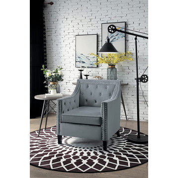Traditional Accent Chair, Velvet Seat With Sloped Arms and Nailhead Trim, Grey