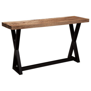 Industrial Console Table, X-Shaped Legs With Rectangular Top, Light Brown/Black