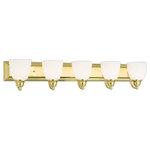 Livex Lighting - Handblown Satin Opal Bath Light, Polished Brass - Bring a beautiful new look to your bathroom or vanity area with this charming five light bath fixture. A wide rectangular backplate in polished brass finish supports five simple arms that hold five glass shades in hand blown satin opal white glass.