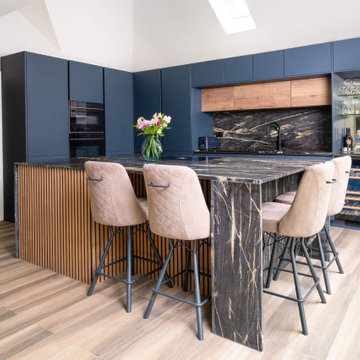 Blue and Oak Handleless Kitchen in Northwood