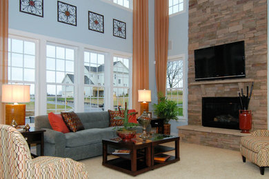 Carpeted living room photo in DC Metro with blue walls, a standard fireplace and a stone fireplace