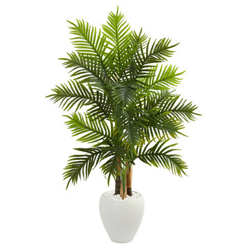 5' Areca Palm Artificial Tree, White Planter, Real Touch