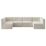 Meridian Furniture - Quincy Velvet Upholstered 6-Piece U-Shaped Modular Sectional, Cream - Show them all that less is more with the minimalist look of this Quincy velvet cloud-like comfort modular sectional. This elegant chair features a simple design that's all about comfort and modern style. The soft cream velvet upholstery is sleek to the touch, and the back of the unit features deep horizontal channel tufting for a look that wows. Because this is a modular seating option, you can pair it easily with other items in the Quincy collection to create a look you love. Latches underneath make it easy to mix and match items from the collection.