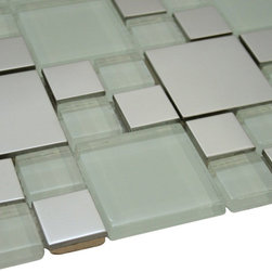 Glossy White and Silver Metallic Square Glass Random Pattern Mosaic Tiles - Home Accessories & Decor