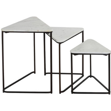 3-Piece Bare Decor Trinity Nesting Table Set, White Marble/Black Metal Frame