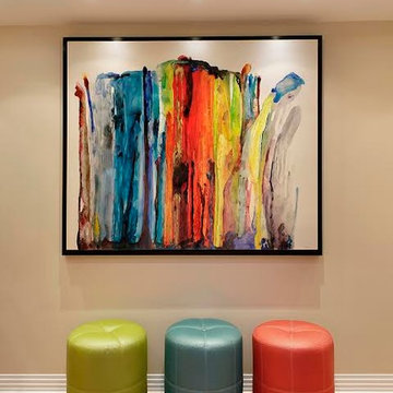 Contemporary, Colorful Art in Hallway with Ottomans