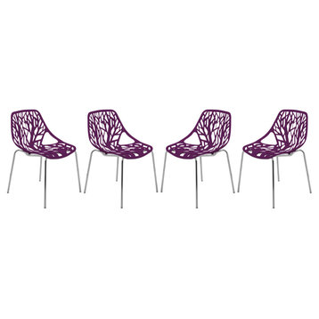 LeisureMod Asbury Plastic Dining Chair With Chromed Legs Set of 4, Purple