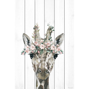 "Floral Crowned Giraffe" Painting Print on White Wood, 8x12