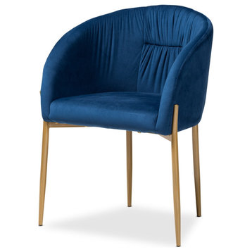 Luxe & Glam Navy Blue Velvet Fabric Upholstered Gold Finished Metal Dining Chair
