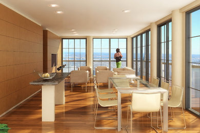Open concept kitchen - large contemporary single-wall medium tone wood floor open concept kitchen idea in New York with an undermount sink, medium tone wood cabinets, granite countertops, paneled appliances, flat-panel cabinets and an island