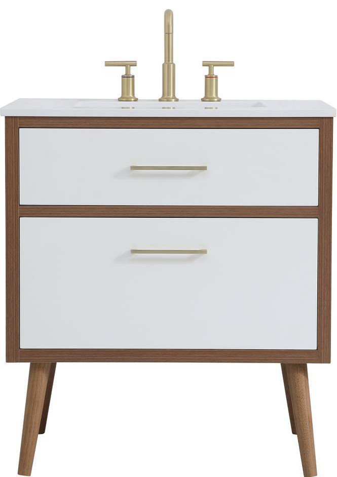 White Mid-Century 30" Bath Vanity With Gold Handles - Midcentury ...