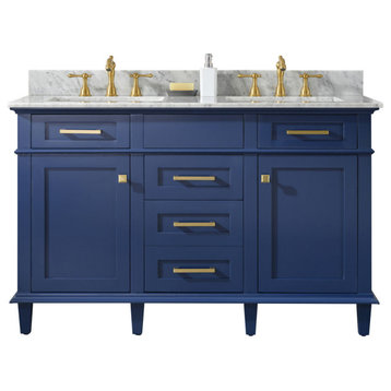 54" Blue Finish Double Sink Vanity Cabinet With Carrara White Top