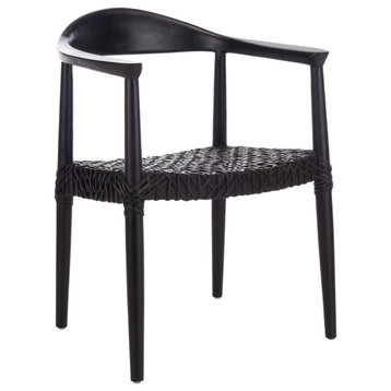 Contemporary Accent Chair, Curved Open Back and Woven Cowhide Leather Seat, Black