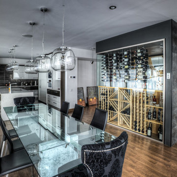 Exotic wood metal and glass wine cellar