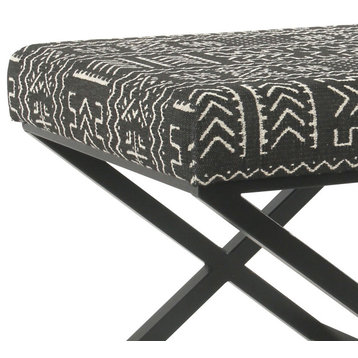 Tribal Pattern Fabric Upholstered Ottoman With X Shape Metal Legs, Black & Cream