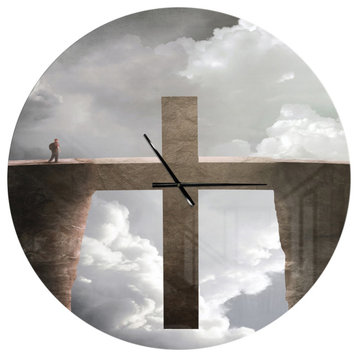 Big Cross Between Two Cliffs Oversized Religious Metal Clock, 23x23