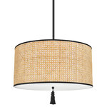Mitzi - Dolores Three Light Pendant, Soft Black - A bohemian darling Dolores is brimming with theatrical flair. Dolores pays homage to the cane mania of the 70s reinvented for today. Natural cane is woven intricately around a white cotton shade contrasted with a soft black finish. The flush mount and pendant versions feature a decorative tassel for good measure.