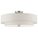 Livex Lighting - Meridian 5 Light Brushed Nickel Semi-Flush - A double drum shade adds character to this handsomely styled semi flush mount. Update your decor with the clean styling of this contemporary five light flush mount from the Meridian collection. Features a lovely hand crafted oatmeal fabric hardback shade and satin white acrylic diffuser for subtle illumination.