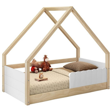 Pemberly Row Toddler Bed Little Fence with Roof - White - Natural
