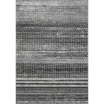 Contemporary Area Rug, Distressed Striped Polypropylene, 9'10" X 14' Dark Gray
