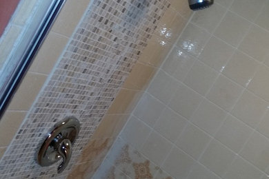 Example of a mid-sized minimalist kids' brown tile and ceramic tile ceramic tile walk-in shower design in Chicago with a pedestal sink, a two-piece toilet and white walls
