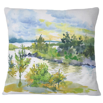 Autumn Forest and Lake Watercolor Landscape Printed Throw Pillow, 18"x18"