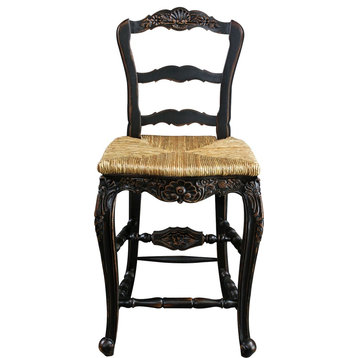 Bar Stool French Country Farmhouse Blackwash Floral Wood Carving Hand