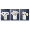 Farmhouse Flower Bouquets Navy Blue White Painting,3pc, each 16 x 20
