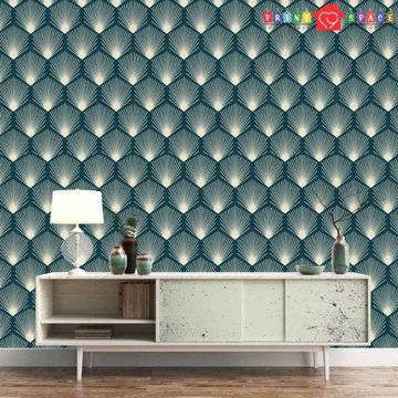 Art Deco Teal White Geometric Wallpaper