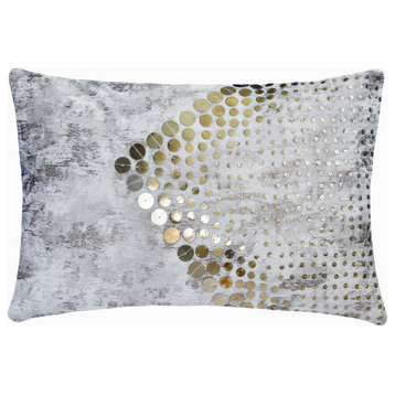 White Suede 12"x20" Lumbar Pillow Cover Antique Gold Foil Metal Sequin, Altynay