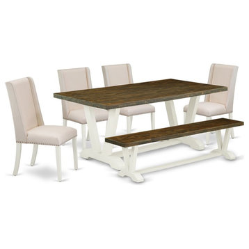 East West Furniture V-Style 6-piece Wood Dining Room Set in Linen White/Cream