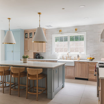 Scandinavian Kitchen with Light Oak Cabinets and Quartzite Island