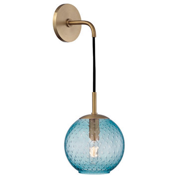 Rousseau, 1 Light, 6-inch Wall Sconce, Aged Brass Finish, Blue Glass