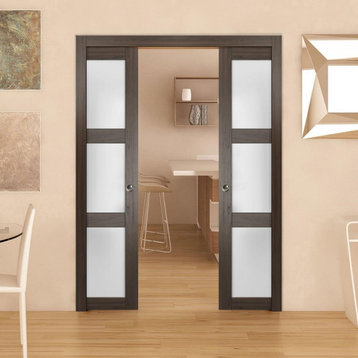 French Double Pocket Doors 48 x 80 Frosted Glass, Lucia 2552 Chocolate Ash