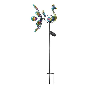 LuxenHome Metal Peacock Solar LED and Wind Spinner Garden Stake