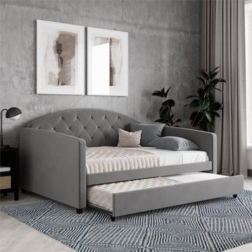 Daybed With Trundle, Bentwood Slats & Tufted Rounded Back, Light Gray, Full/Twin