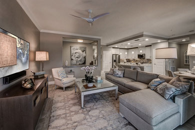 Mid-sized transitional formal and open concept porcelain tile and gray floor living room photo in New York with gray walls, no fireplace and a wall-mounted tv