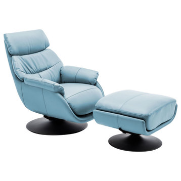 Calcutta Modern Top Grain Leather Ergonomic Rocking Chair & Ottoman Set, Blue/Bl