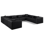 Meridian Furniture - Cube Upholstered Modular Sectional, Black, 8-Piece: 4 Armless Chair, 4 Corner Chair, Vegan Leather - Elevate your space with the luxurious Cube Vegan Leather Modular Sectional. This modular sectional exudes modern elegance, charm, and comfort making it a perfect addition to any contemporary living space. Its clean lines and cube shape are reminiscent of minimalist design, while the plush black vegan leather upholstery adds a touch of luxury and sophistication. The chair's versatile construction and geometric aesthetic seamlessly integrate into various design styles, from sleek living rooms to chic home offices, embodying the essence of modern design and creating a sense of order and tranquility in your space.