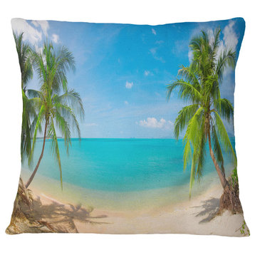 Tropical Beach With Coconut Trees Landscape Photography Throw Pillow, 16"x16"