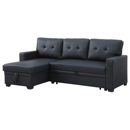 Devion Furniture Faux Leather Reversible Sleeper Sectional Sofa-Black