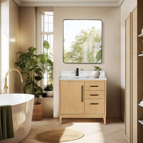 Gara Bath Vanity, Stone Top, Washed Ash Grey, 36", Single Vanity, With Mirror