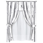 TRIANGLE HOME FASHIONS - Bird On The Tree Doubleswag, Showercurtain, Gray - Give your master or guest bathroom a retro style upgrade with this 16-piece complete shower curtain set which includes the vintage style shower curtain, liner and rings for hanging them. Function meets fashion with this bird design in soothing colors. 1 Shower Curtain: 72"Hx72"W,12 Rings: 2. 2'' Diameter ( 2 extra rings included in case of shipping damage),1 Peva Lining:72"HX72"W, 2 Tie Backs:24''Lx3.5''W