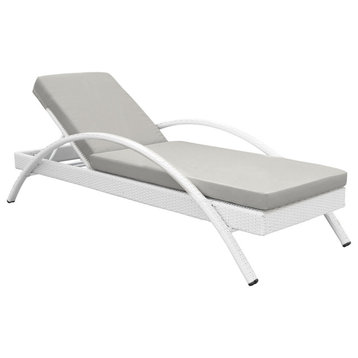 Aloha Adjustable Patio Chaise Lounge Chair, White Wicker and Gray Cushions